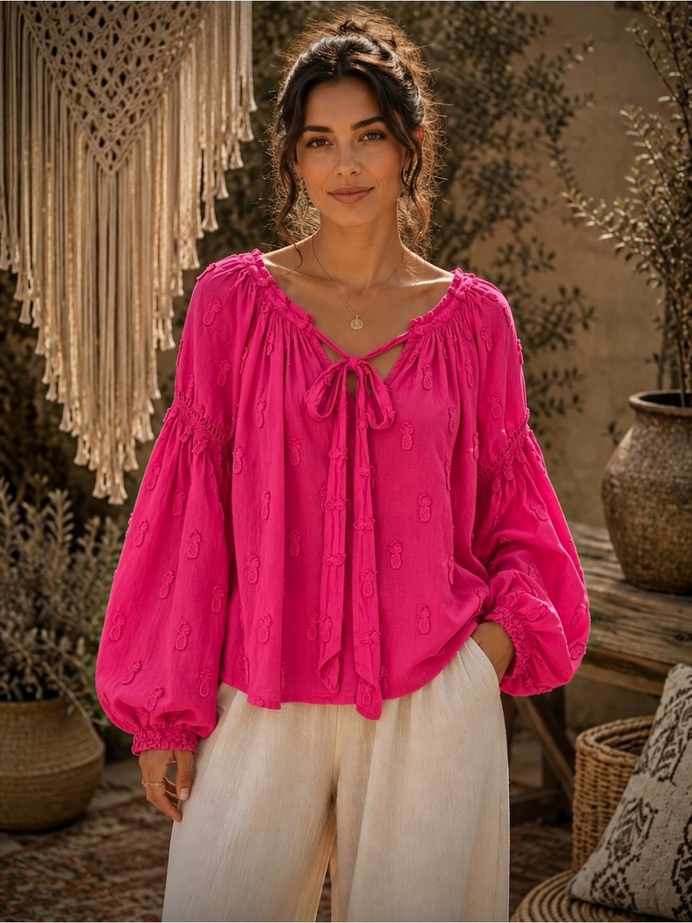 FARM Rio Pink Pineapple Embroidered Peasant Blouse Boho Balloon Sleeve Size L